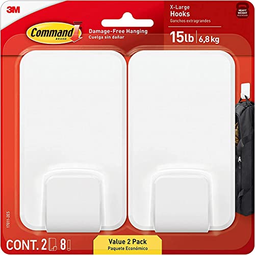 Command 15 Lb XL Heavyweight Wall Hook, Damage Free Hanging Wall Hook with Adhesive Strips, Heavy Duty Single Wall Hook for Hanging Back to School Organizers, 2 White Hooks and 8 Command Strips - 15 Lb