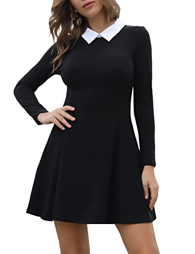 Aphratti Women's Casual Long Sleeve Peter Pan Collar Fit and Flare Skater Dress - Large - Black