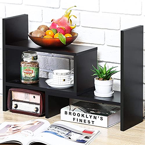Expandable Wood Desktop Bookshelf Desktop Organizer Office Storage Rack Wood Display Shelf - Free Style Display True Natural Stand Shelf Rack Assembled Bookcase Adjustable Display Rack - Black