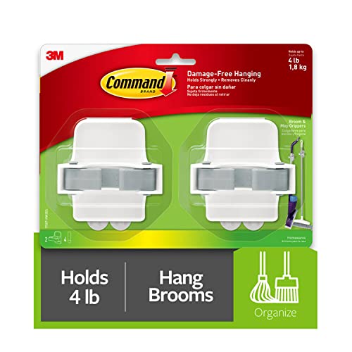 Command Mop & Broom Holder Wall Mount, White with Grey Band, 2 Grippers 4 Strips, Grey/White, 17007-HW2ES - 2 Broom Grippers