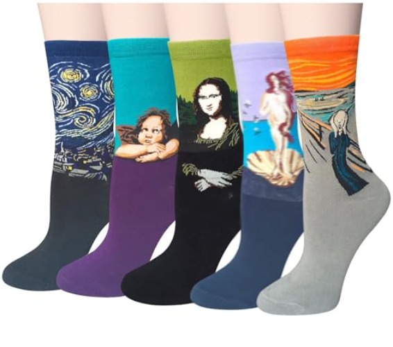 Chalier 4 Pairs / 5 Pairs Womens Famous Painting Art Printed Funny Casual Cotton Crew Socks - 1 Set A-oil Painting Multicolor 2 (5 Pairs)