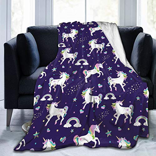 Cute Purple Rainbow Hearts and Stars Unicorn Fleece Throw Blanket - Soft Light Weight Blanket for Bed Couch and Living Room Suitable for Fall Winter and Spring (50x40 Inches) - Cute Purple Rainbow Hearts And Stars Unicorn - 50"x40"