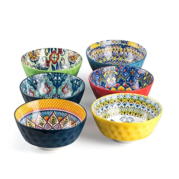 HENXFENLEAD Ceramic Salad, Soup Bowls Set of 6-30 Oz Deep Colorful Porcelain Serving Bowls for Cereal, Pasta, Dessert, Ramen, Noodle, Dishware, Microwave & Oven safe - Bohemian Style