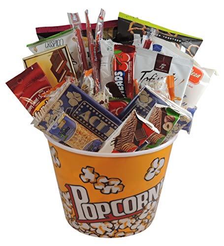 Gift Basket: Snack Attack, Movie Night- Large Reusable Popcorn Bowl: Munchies, Chocolate, Nuts, and More