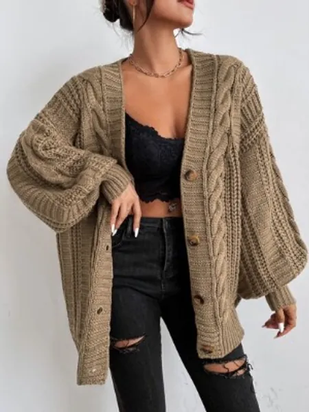Solid Button Front Cable Knit Cardigan
