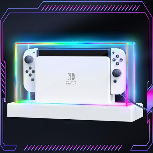 HSTOP Switch Dust Cover with RGB LED Light Base Compatible with Nintendo Switch and OLED, High Clear Acrylic Anti-Scratch Waterproof Dust Cover and Base, for Children - White/27PCS