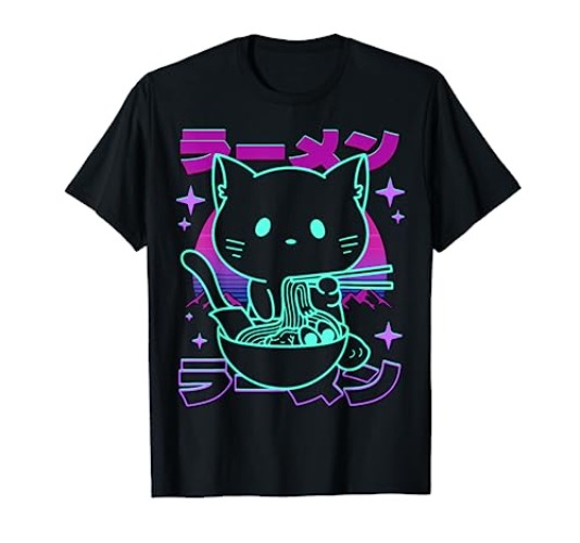 Anime Ramen Cat Retro Japanese Noodles Aesthetic Kawaii cat T-Shirt - Youth - Navy Blue - Large