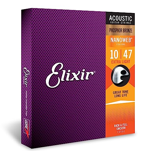 Elixir Strings - Acoustic Phosphor Bronze with NANOWEB Coating - Elixir Acoustic Guitar Strings - Extra Light (.010-.047) - Ex. Light (.010-.047) - Guitar Strings - Extra Light