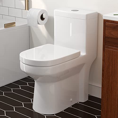HOROW HWMT-8733S Small Toilet 25" Long x 13.4" Wide x 28.4" High 1-Piece Short Compact Bathroom Tiny Mini Commode Water Closet Dual Flush Concealed Trapway, 12'' Rough-in - with Chrome Button