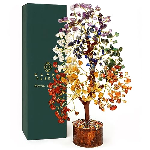 Crystal Tree of Life 7 Chakra Healing Crystal Trees for Home and Office Desk Decoration, Handmade Crystal Decor Feng Shui Money Bonsai Trees for Positive Energy, Good Luck Spiritual Gifts for Women - 1- 7 Chakra Tree Wooden Base 300 Beads