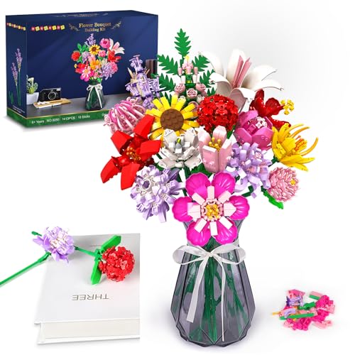HOGOKIDS Flowers Bouquet Building Set - 1413PCS Bouquet Botanical Collection Building Blocks Toy, 18 Flowers Home Plant Decor, Christmas Birthday Gift for Adults Kids Girls Ages 8+ - 18 Flowers