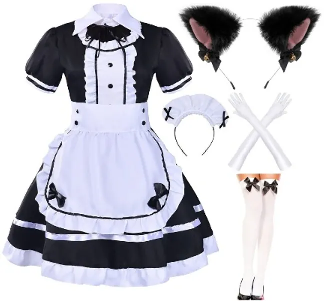 Japanese Anime sissy maid dress Cosplay Sweet Classic Lolita Fancy Apron Maid Dress with socks gloves set