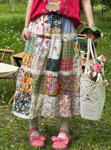 Lace Trim Unique Patchwork Skirt | One Size