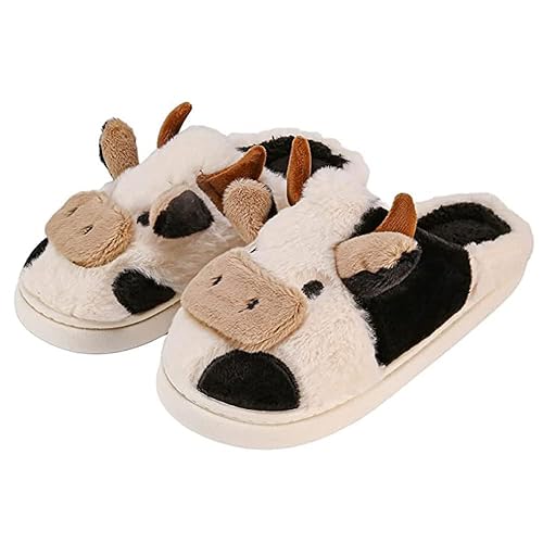 ehyseli Fluffy Cow Slippers For Women Cartoon Cow Cotton Slippers, Animal Slippers Winter Indoor Outdoor Slippers For Women Girls Warm Cozy Non-Skid Comfy Home Floor Slipper Shoes - 9.5-10.5 Women/9-10 Men - Black