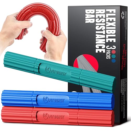 FitBeast Flex Therapy Bar, Tennis Elbow Therapy Bar - Ideal for Relieve Tendonitis Pain & Improve Grip Strength, Fitness Resistance Bar for Golfers Elbow & Tendinitis, Twist Bar for Physical Therapy - 3 Piece Set - Red Green Blue