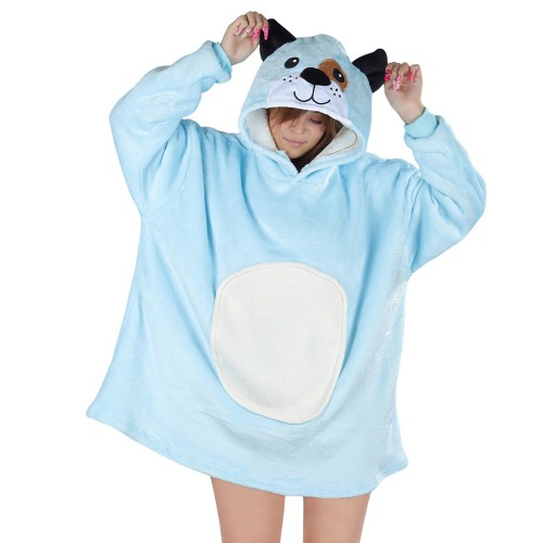 Queenshin Blå hund Överdimensionerad huvtröja Bärbar filt för män kvinnor vuxna, Fluffig Sherpa Hoody Sweatshirt med stor ficka, en storlek