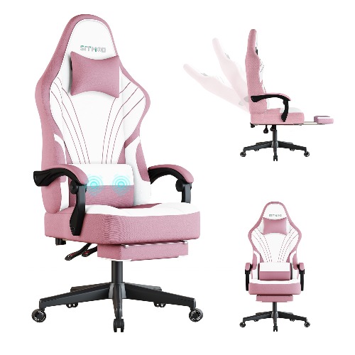 Ulody Gamingstol, datorkontorsstol med fotstöd, ergonomisk spelstol, PC-stol med nackstöd och ländryggskudde, 360 graders roterbar, höjdjusterbart tyg gaming fåtölj-rosa