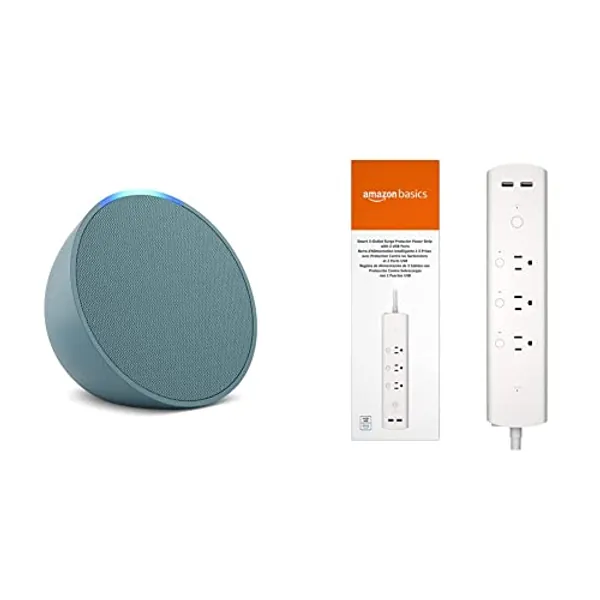 Echo Pop | Midnight Teal with Amazon Basics Smart Plug Power Strip