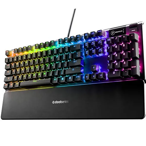 SteelSeries USB Apex 5 Hybrid Mechanical Gaming Keyboard – Per-Key RGB Illumination – Aircraft Grade Aluminum Alloy Frame – OLED Smart Display (Hybrid Blue Switch)