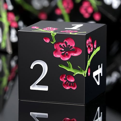 Metal Dice Set D&D, DNDND 7 PCS Flower Metallic DND Dice Set with Grogeous Gift Case for Dungeons and Dragon Tabletop Game (Matte Black with Pink Flower) - Flower Black Pink