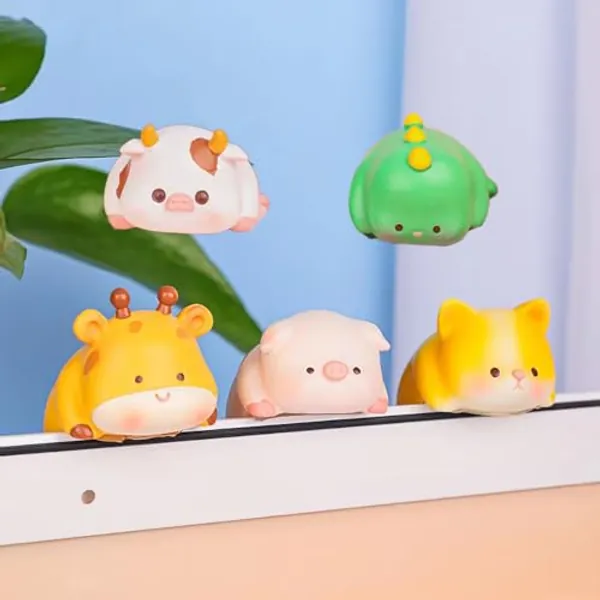 Yvonnecy Cute Desk Decor for Computer Monitor Adhesive Animal Figurines 5 Pack, Funny Ornament Office Desk Toy Gift for Home Office Car Dashboard Decorations Cute Decoration for Vehicle