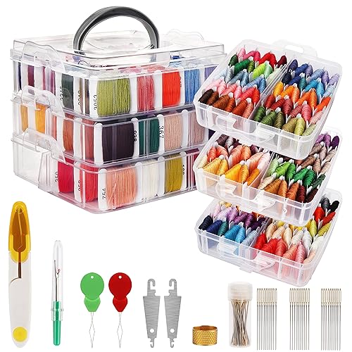 HANDI STITCH Embroidery Floss Set - (187 Pack) - Cross Stitch Tool Kit with 3 Tier Transparent Storage Box - 150 Colour Skeins - Threads on Paper Bobbins for Friendship Bracelets & Crafts