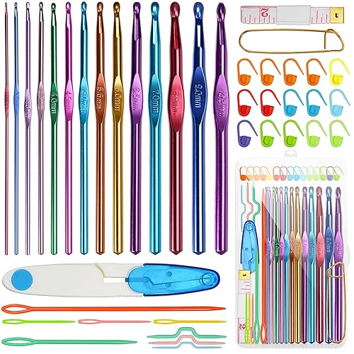 RealPlus Crochet Hooks Set, 14pcs Full-Size Crochet Hooks (2-10mm), Crochet Kits for Beginners Adults, Beautiful Coloured Aluminium Crochet Set, Knitting Accessories Tools with Case - Multicoloured