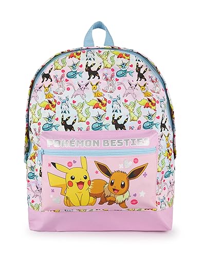 Pokemon Girls Pink Glitter School Backpack | Eevee & Pikachu Pokemon Besties Character All Over Print Rucksack | Luggage School Bag Adjustable Straps | TCG Game Movie Cartoon Series Merchandise Gift