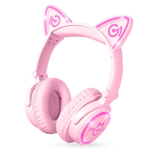 Mindkoo Cat Ear Bluetooth Headphones Pink, LED Light Up Over Ear Wireless Headphones with Microphone, Comfort Foldable Headset for Kids & Adults - Black