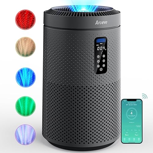 AROEVE Air Purifier for Large Rooms up to 1,782 Sq. Ft. with Star Projector, Smart WiFi, Air Quality Sensor, UV Function, and Washable Filter for Whole Home Use, MK09W Black - Black - Large