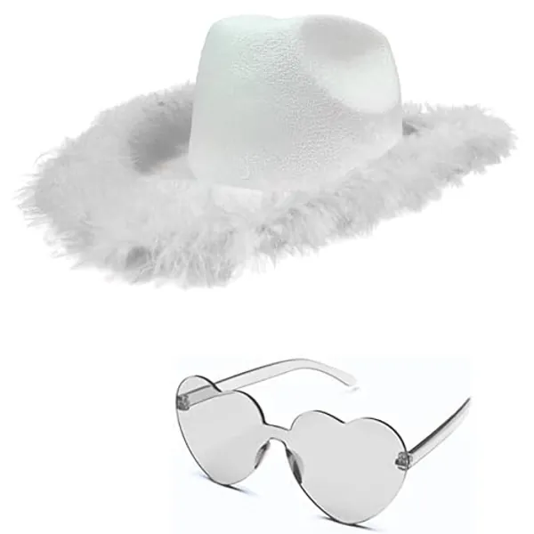 4E's Novelty Cowboy Hat with feathers With Heart Shaped Sunglasses for Women, Felt Cowgirl Hat for Party Costume Dress Up