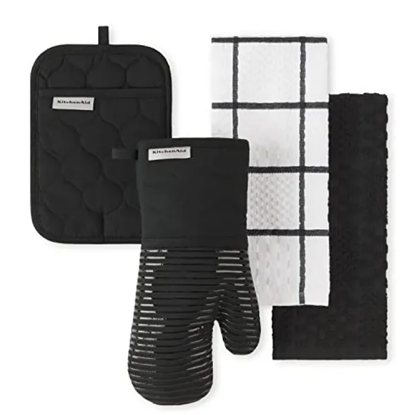 KitchenAid Quilted Cotton Terry Cloth Oven Mitt, Pot Holder Heat Resistant, 16"x26", 7"x13" & 7"x10", Onyx Black