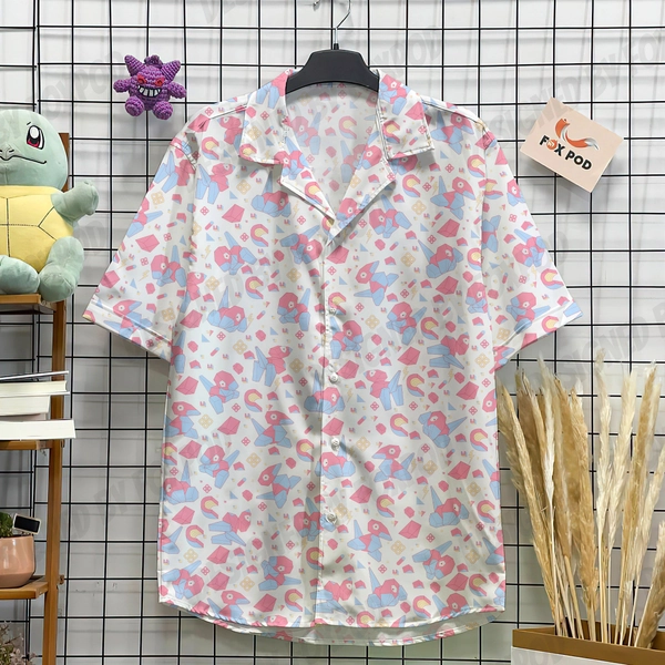 Porygon Hawaiian Shirt Button Up Shirt, Porygon Birthday Shirt, Japanese Anime Hawaiian Shirt, Porygon Shirt Gift