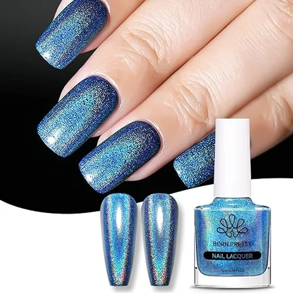 BORN PRETTY 6ML Esmalte Uñas Azul Glitter Holográfico Brillante Esmalte de Uñas Normal Pintauñas Normales Esmaltes de Uñas Nail Polish - Amor azul