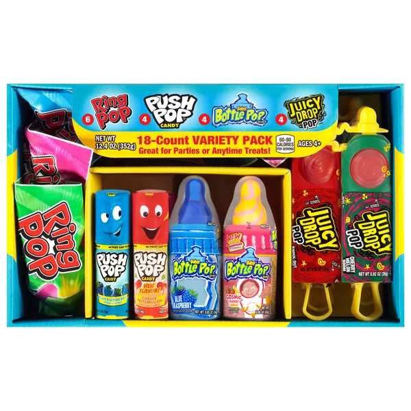 Bazooka Candy Brands Variety Easter Candy Box - 18 Count Lollipops w/ Assorted Flavors from Ring Pop, Push Pop, Baby Bottle Pop & Juicy Drop - Fun Candy to Share On Easter
