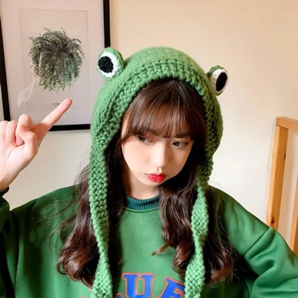 CHENJIE Frog Hat Crochet Knitted Hat Outdoors Autumn Big Eye Frog Knitted Winter Cute Ear Protective Beanie Hats Knitted Caps(Green)