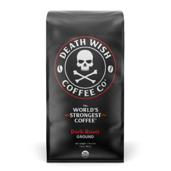 DEATH WISH COFFEE Ground Coffee Dark Roast [16 oz.] The World's Strongest Coffee - Organic, Fair Trade, Strong Coffee Grounds from Arabica, Robusta (1-Pack)