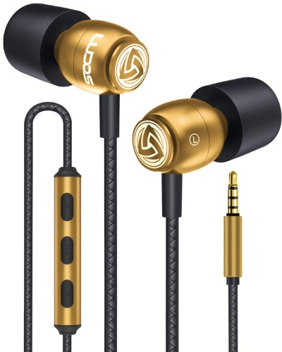LUDOS Clamor Wired Earbuds in-Ear Headphones, 5 Year Warranty, Earphones with Microphone and Volume Control, Noise Isolating Memory Foam Eartips, Tangle-Free Cord for iPhone, iPad, Computer, Laptop - Gold