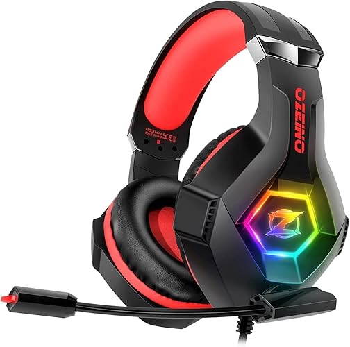 Ozeino Gaming Headset Ps5 Ps4 Headset with 7.1 Surround Sound, Gaming Headphones with Noise Cancelling Flexible Mic RGB Light Memory Earmuffs for PC, Xbox Series X/S, Mac, Phone - Red - Large - Wired