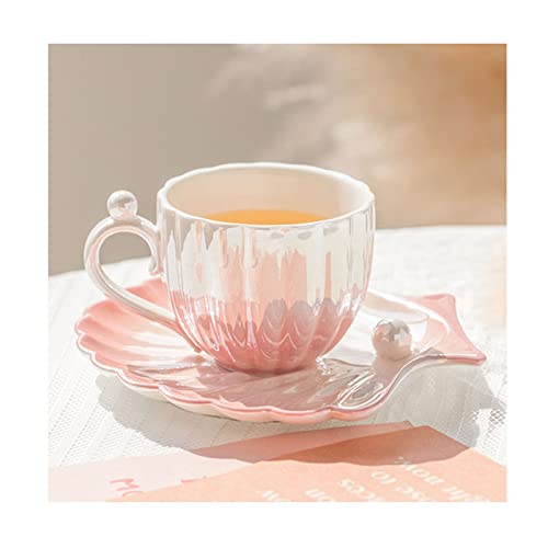 HwaGui Pearl Shell Cup and Saucer - 8oz Gradient Ceramic Coffee Mug, Vintage Tea Cup, Cappuccino Cup, Latte Art Cup for Birthday Gift (Gradient Pink) - Gradient Pink