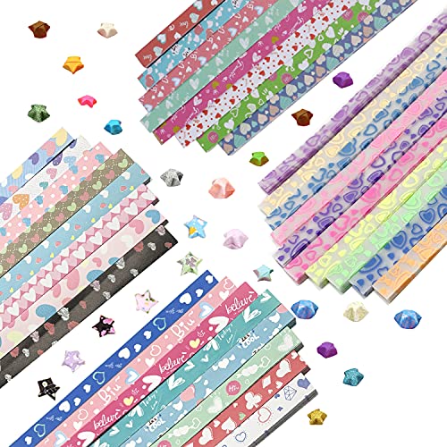 Stars Origami Paper Strips, Wartoon Heart Printing Heart Origami Stars Paper and Luminous Heart Paper Set, 1700 Sheets - Transparent