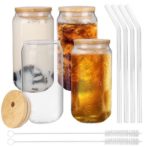 Drinking Glass Cups Set of 4 - Can Shaped Glass Cups, 16oz Beer Glasses with Lids and Glass Straw, Cute Iced Coffee Cup Tumblers, Cold Drink Glassware, Unique Water, Tea, Cocktail Glass Set