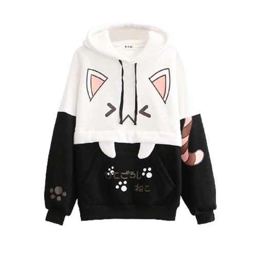 Himifashion Cute Hoodie for Teen Girls Kawaii Cat Print Pullover Hooded Tops Plus Velvet Sweatshirt Loose Warm Hoodies - black
