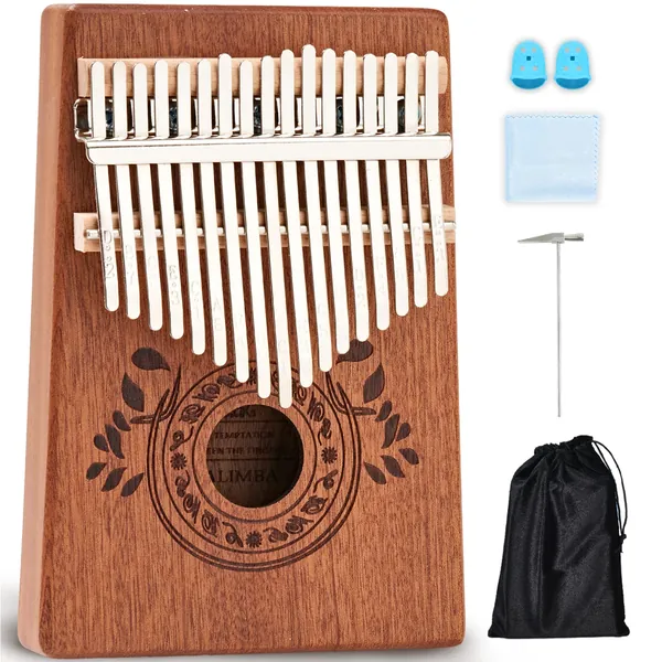 UNOKKI 17 Key Kalimba Thumb Piano For Adults & Kids; Mahogany Mbira (Light Brown Finish); Tuning Hammer, Finger Covers Key Stickers, & More Included; Christmas Stocking Stuffer Gift - Light Brown