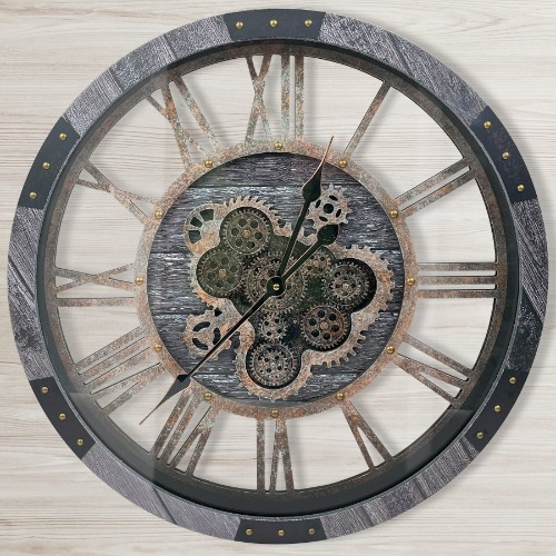 DORBOKER 24" Large Wall Clock with Moving Gears,Oversize Vintage Industrial Rustic Farmhouse Clocks for Living Room Decor Office Home,Solid Wood HD Tempered Glass Cover,Carbon Grey - 24 inch Carbon Grey Wood-bronze Gears