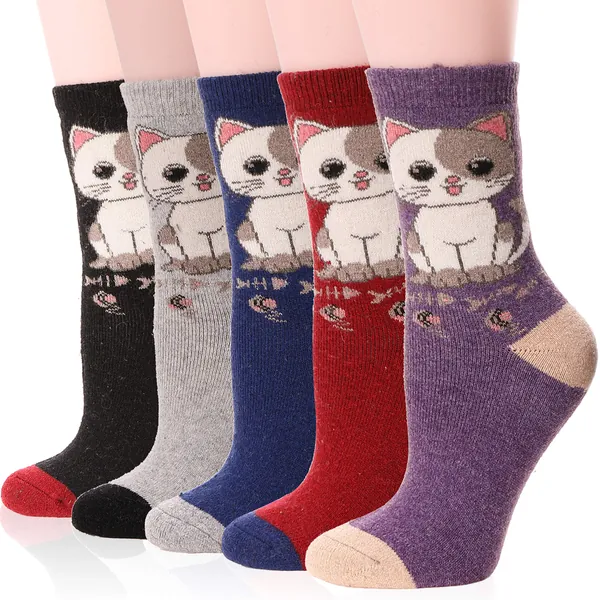 EBMORE Womens Wool Hiking Socks Warm Thick Thermal Winter Boot Cozy Crew Cabin Ladies Work Soft Socks for Cold Weather - Fish Cat(5 Pairs)