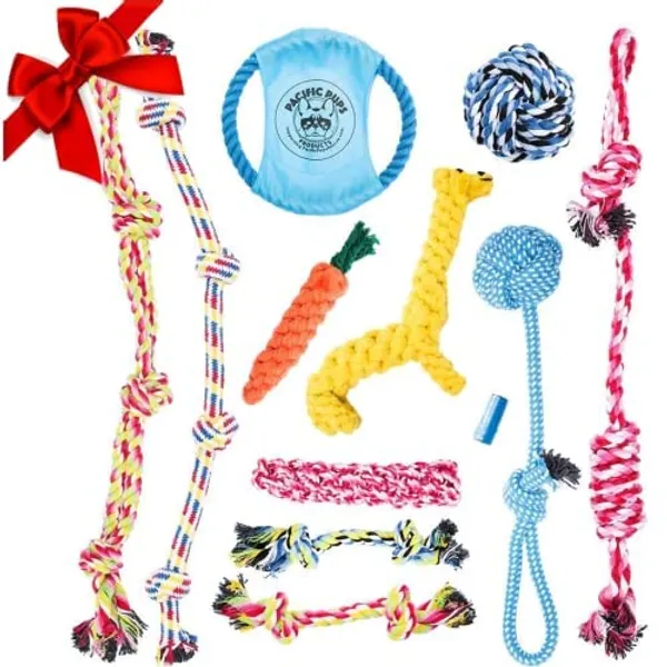 Pacific Pups Products - Dog Toys for Aggressive CHEWERS, Set of 11 Heavy Duty Dog Chew Toys for Aggressive Chewers, Cotton Puppy Chew Tug Dog Rope Toys Dog Toy Set, Benefits NONPROFIT Dog Rescue - 11
