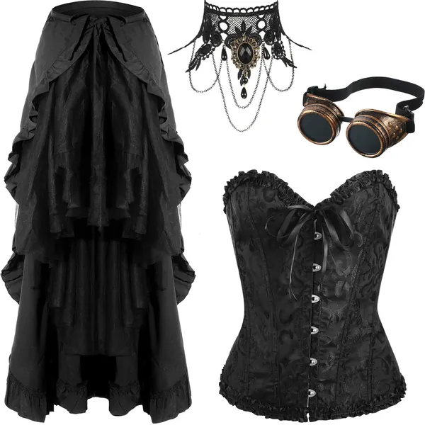 Steampunk Victorian Cosplay Costume Set Included Women's Steampunk Gothic Wrap Skirt Pirate Skirt Steampunk Gothic Corset Vintage Steampunk Goggles with Gothic Lace Choker Necklace for Halloween - 
