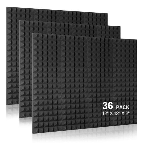 Auslet 36 Pack - 12 x 12 x 2 Inches Sound Proof Foam Panels, Black Acoustic Foam, Pyramid Acoustic Panels, Soundproof Wall Panels, Sound Proofing Padding for Wall - 12 x 12 x 2 Inches 36 Pack-25kg/m3