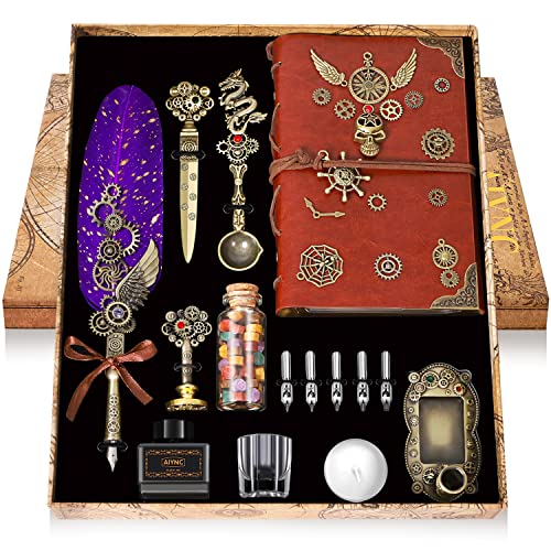 AIYNC Quill Pen Ink Set, Feather Pen Ink Set With Quill Pen, Notebook, 5 Replaceable Nibs, Seal Stamp, Spoon, Wax Beads, White Wax, Ink, Pen Holder, Cup, Envelope, Letter Paper, Envelope Tool(Purple) - Purple